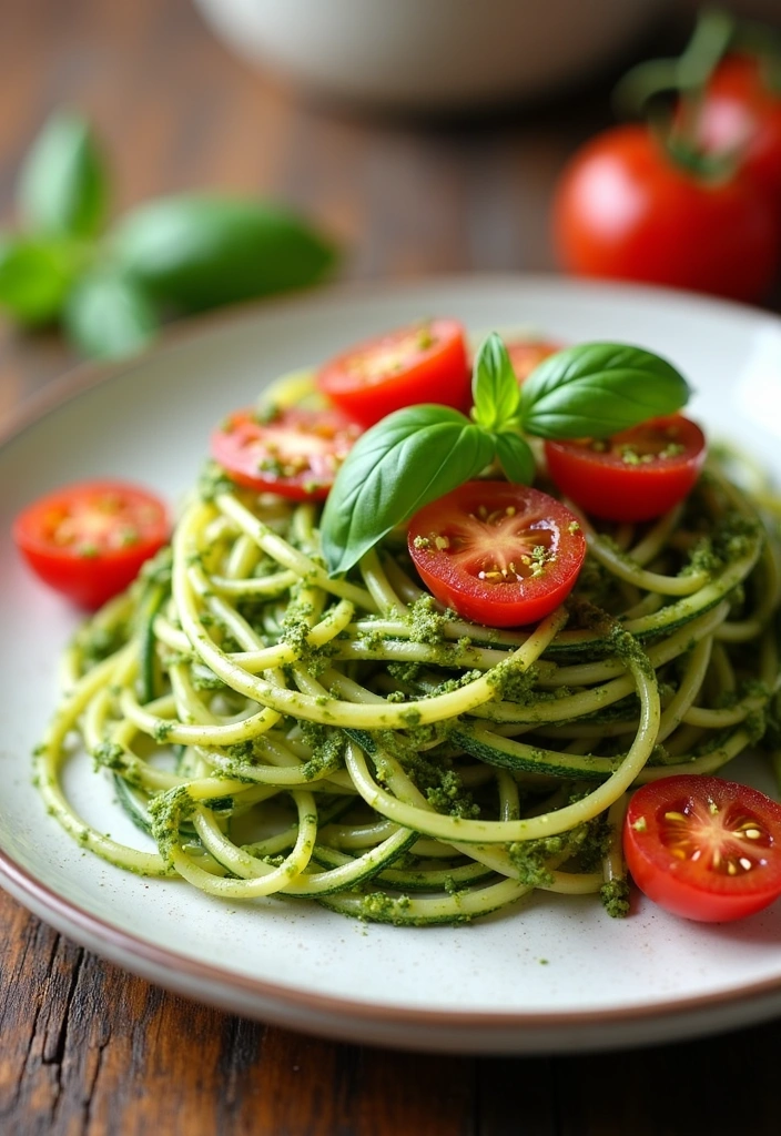 15 Healthy Meals You'll Crave (Even Picky Eaters Will Love #7!) - 3. Zucchini Noodles with Pesto and Cherry Tomatoes
